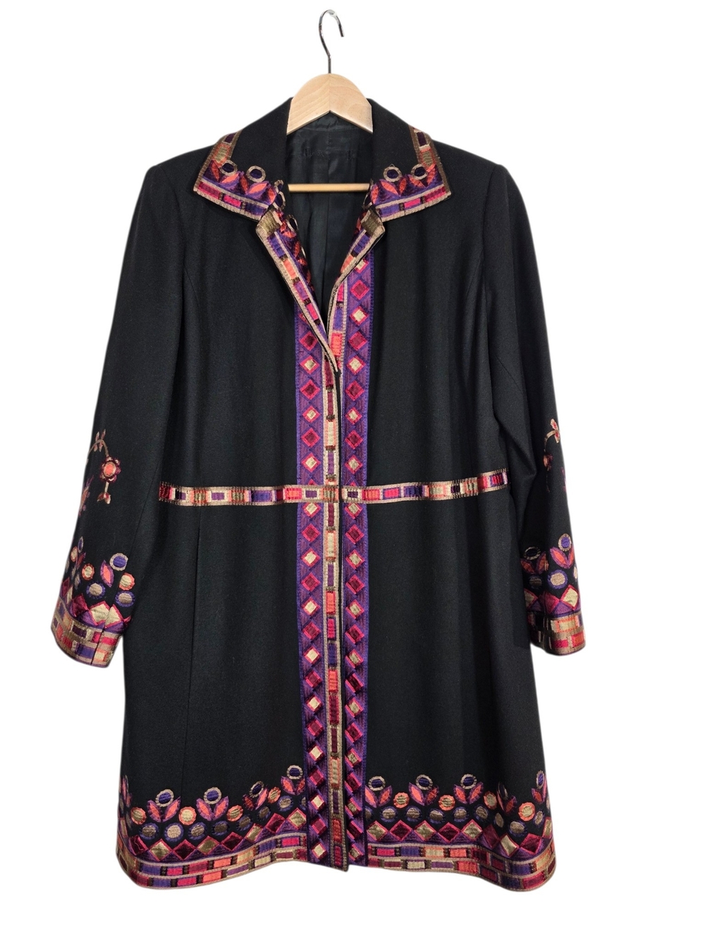Vintage Black Wool & Rayon  blend car Coat with Pink & Purple Embroidered Trim